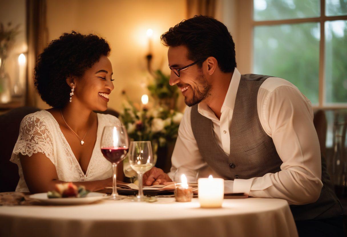A romantic, intimate setting featuring a couple laughing and connecting over a candlelit dinner, surrounded by soft, warm lighting and tasteful decorations. Include elements like wine glasses, an open book on relationship advice, and delicate flower arrangements to signify love and connection. Emphasize the joy and chemistry between the partners for a warm and inviting atmosphere. vibrant colors. soft focus.