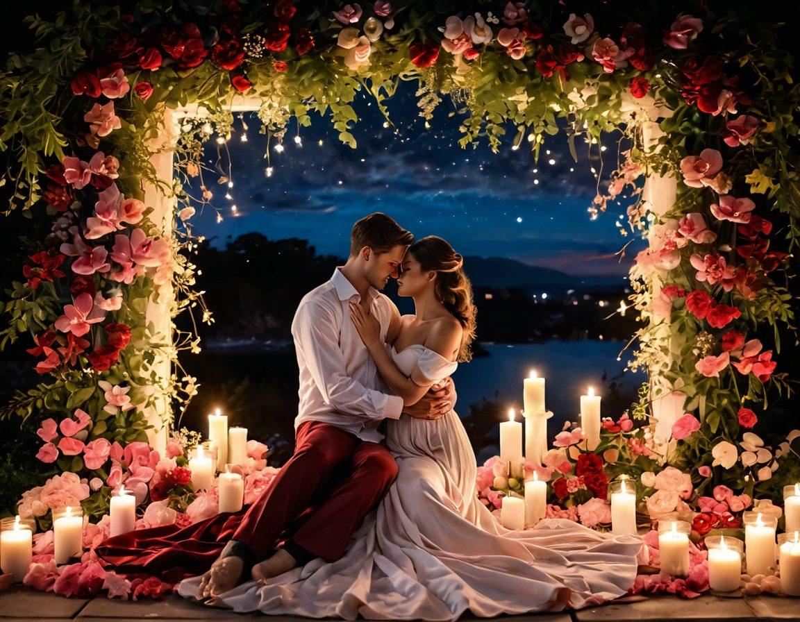 An intimate scene capturing a couple embracing under a starlit sky, surrounded by soft glowing candles and lush flower petals, conveying warmth and romance. The couple should exude passion and connection, wrapped in flowing, elegant fabrics that hint at sensuality. Subtle hints of nature, like gentle breezes indicated by swaying leaves, add to the atmosphere. The color palette should feature deep reds, soft pinks, and golden hues to evoke desire and warmth. super-realistic. vibrant colors. soft focus.