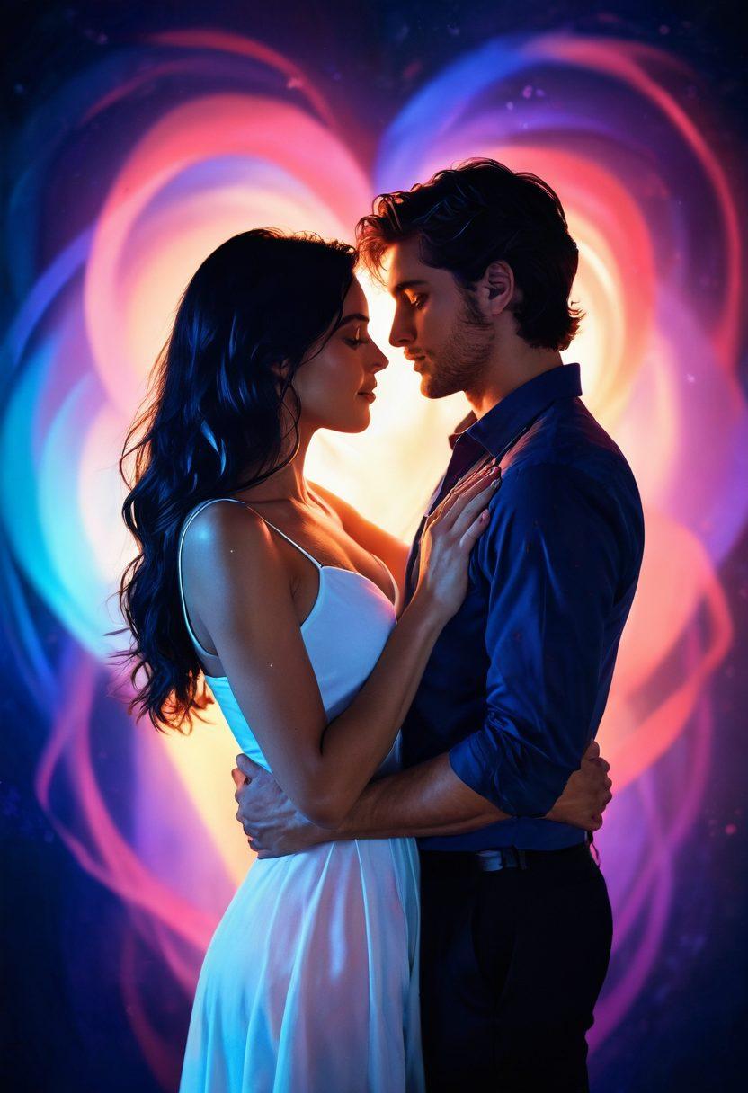 A couple entwined in an intimate embrace, surrounded by a dreamy atmosphere filled with soft, glowing lights and abstract heart shapes. The background features hints of gentle waves and deep blues representing emotional depth. Their expressions convey passion and connection, with vibrant colors enhancing the warmth of their relationship. A subtle play of shadows adds mystery and allure to the scene. super-realistic. vibrant colors. soft lighting.